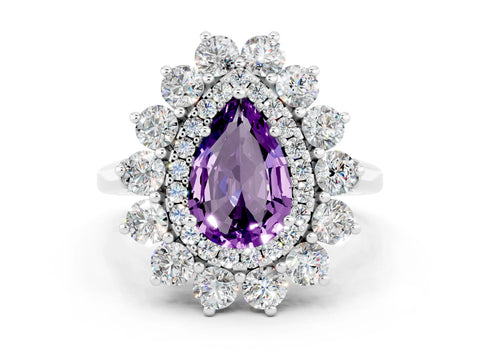 White gold Pear Cut Halo Cluster Diamond Ring with Pave Band and Four-Prong Setting
