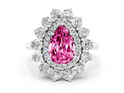 White gold Pear Cut Halo Cluster Diamond Ring with Pave Band and Four-Prong Setting