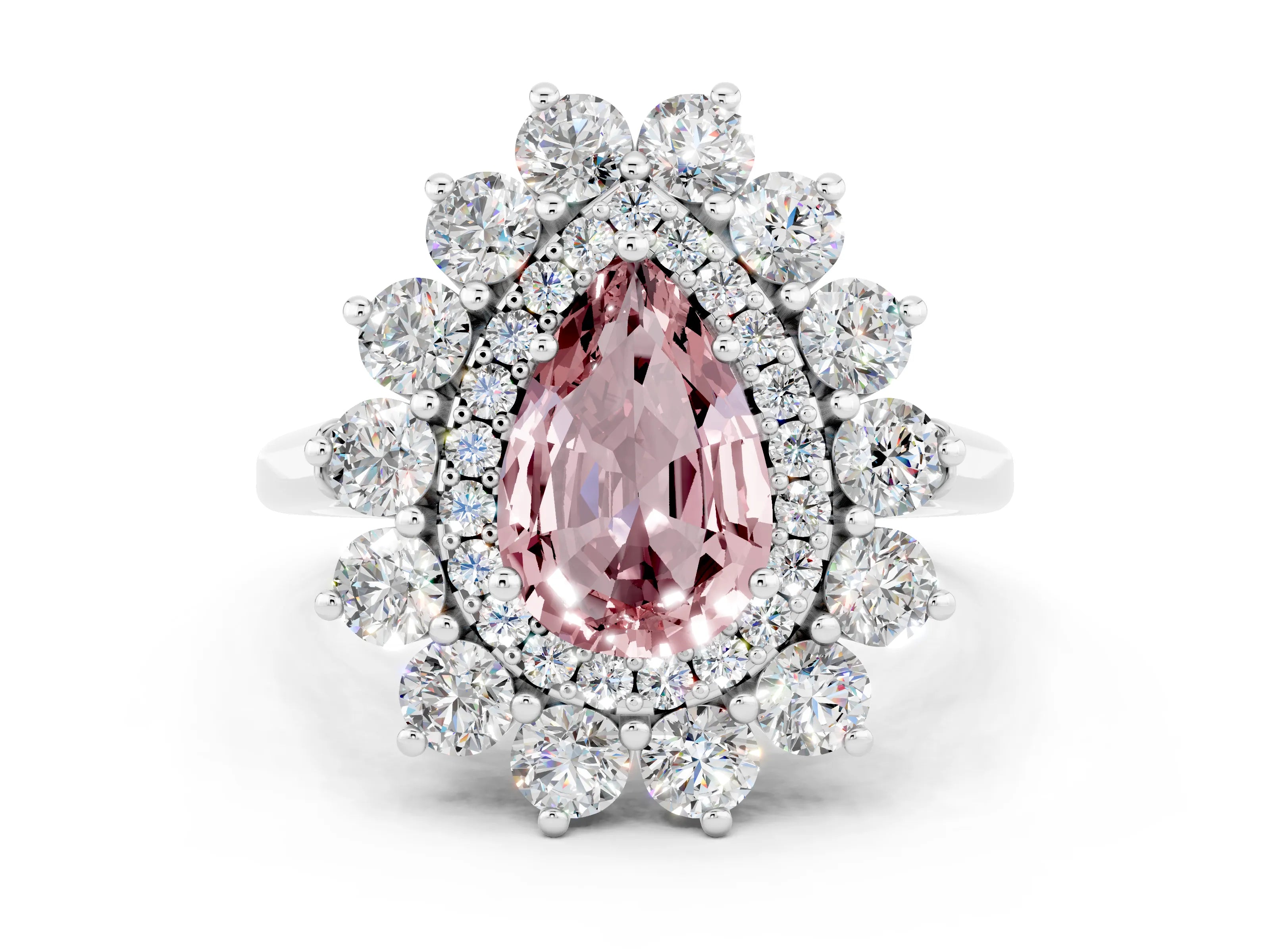 White gold Pear Cut Halo Cluster Diamond Ring with Pave Band and Four-Prong Setting