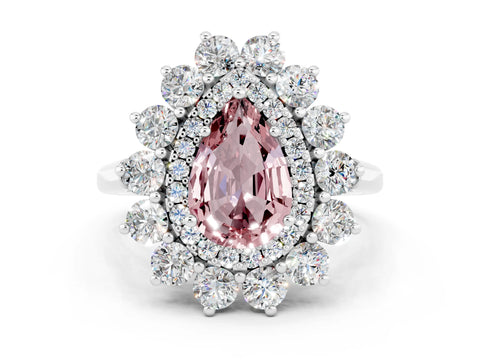 White gold Pear Cut Halo Cluster Diamond Ring with Pave Band and Four-Prong Setting