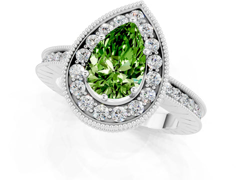White gold Pear Cut Halo Diamond Engagement Ring with Milgrain Pave Band and Four-Prong Setting_1