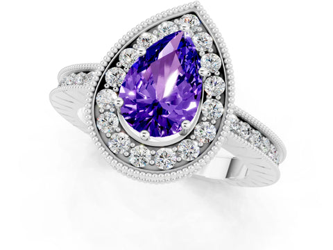 White gold Pear Cut Halo Diamond Engagement Ring with Milgrain Pave Band and Four-Prong Setting_1