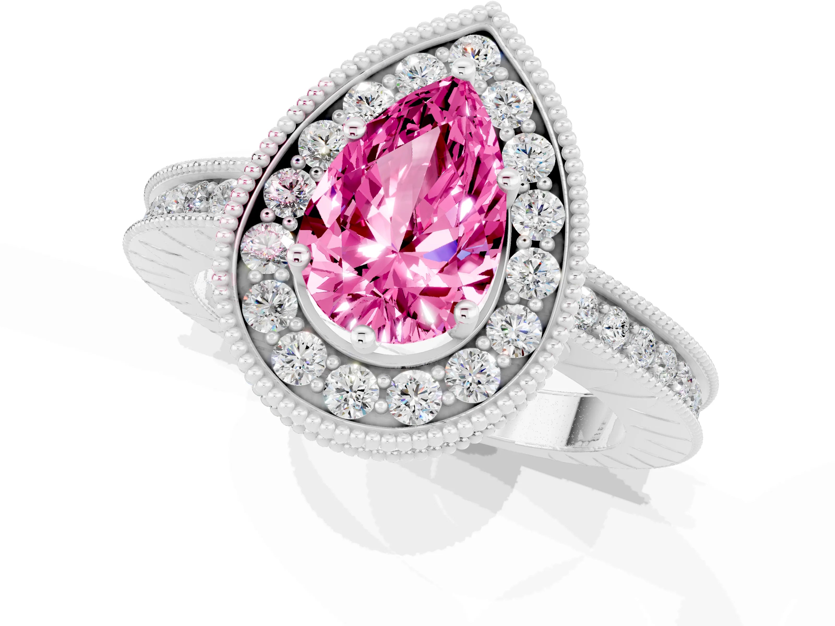 White gold Pear Cut Halo Diamond Engagement Ring with Milgrain Pave Band and Four-Prong Setting_1