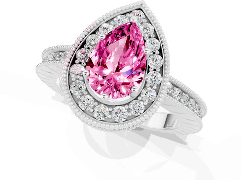 White gold Pear Cut Halo Diamond Engagement Ring with Milgrain Pave Band and Four-Prong Setting_1