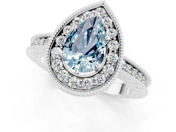 Silver Pear Cut Halo Diamond Engagement Ring with Milgrain Pave Band and Four-Prong Setting