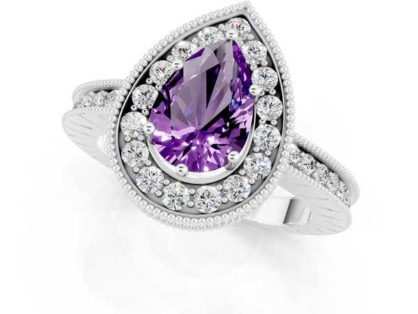 Platinum Pear Cut Amethyst Milgrain Halo Engagement Ring with Round Pavé Band and Prong Setting