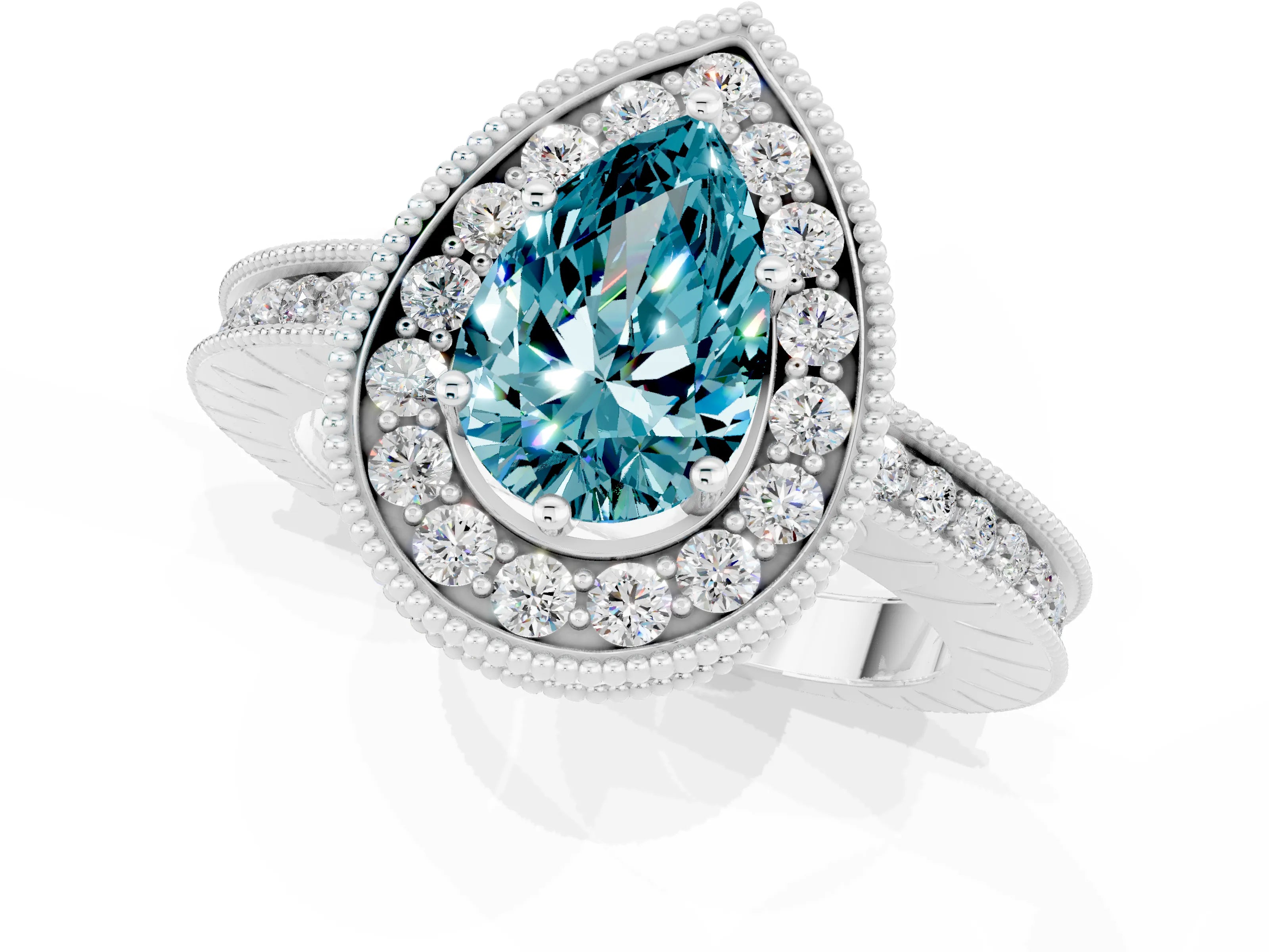 White gold Pear Cut Halo Diamond Engagement Ring with Milgrain Pave Band and Four-Prong Setting_1