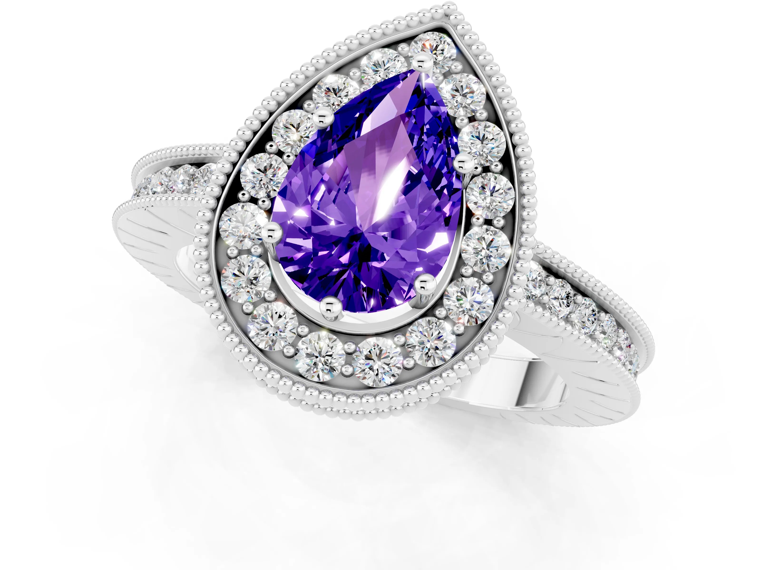 White gold Pear Cut Halo Diamond Engagement Ring with Milgrain Pave Band and Four-Prong Setting_1