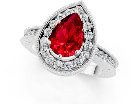 White gold Pear Cut Halo Diamond Engagement Ring with Milgrain Pave Band and Four-Prong Setting_1