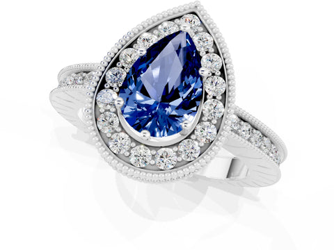 White gold Pear Cut Halo Diamond Engagement Ring with Milgrain Pave Band and Four-Prong Setting_1