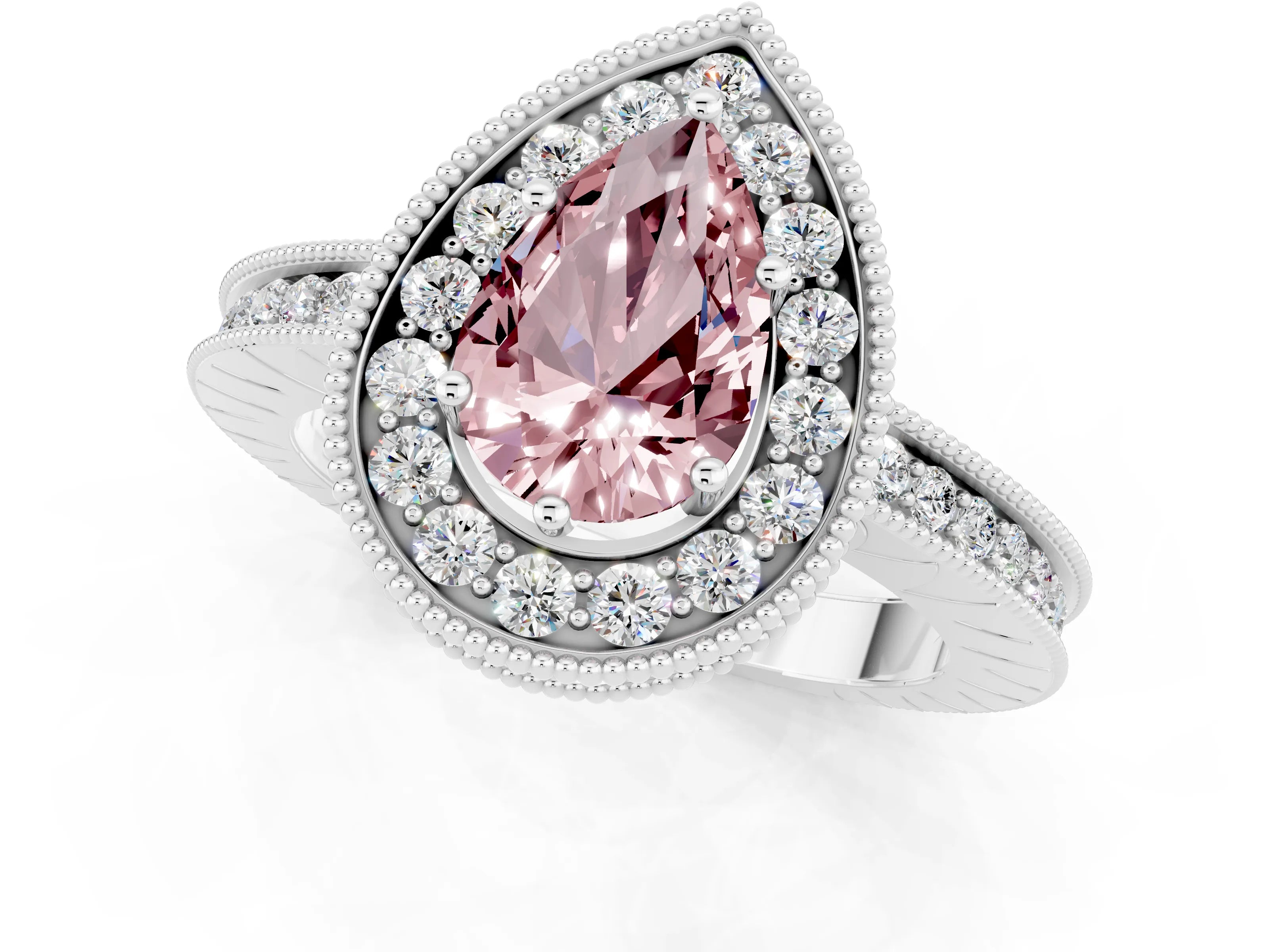 White gold Pear Cut Halo Diamond Engagement Ring with Milgrain Pave Band and Four-Prong Setting_1