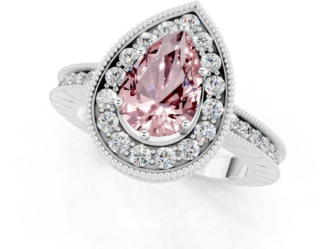 White gold Pear Cut Halo Diamond Engagement Ring with Milgrain Pave Band and Four-Prong Setting_1