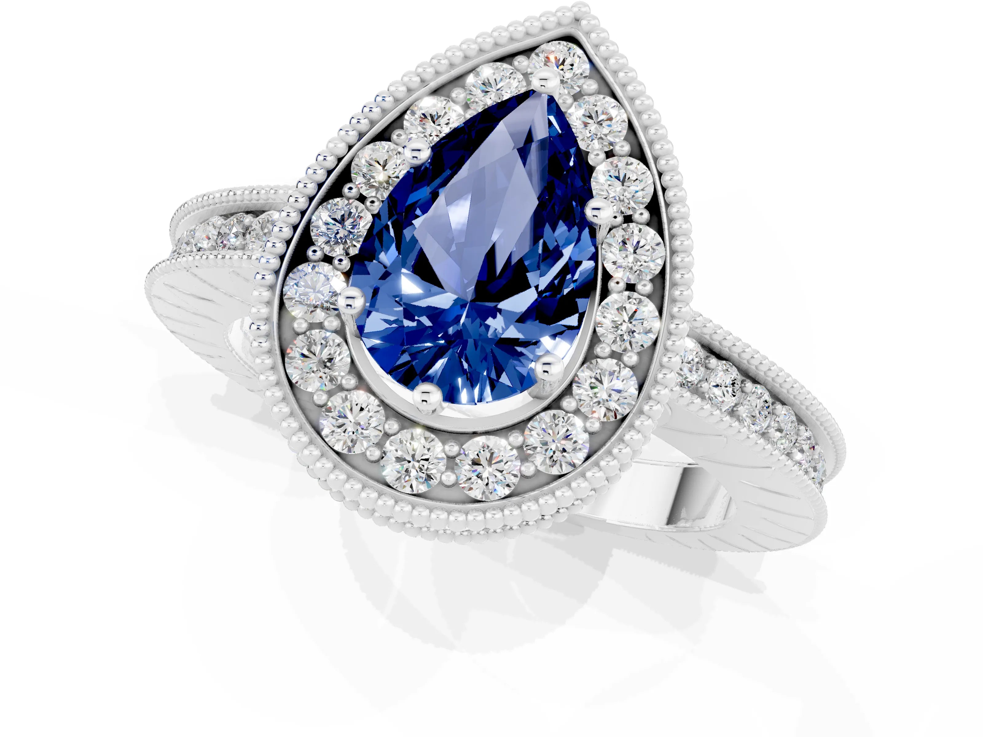 White gold Pear Cut Halo Diamond Engagement Ring with Milgrain Pave Band and Four-Prong Setting_1