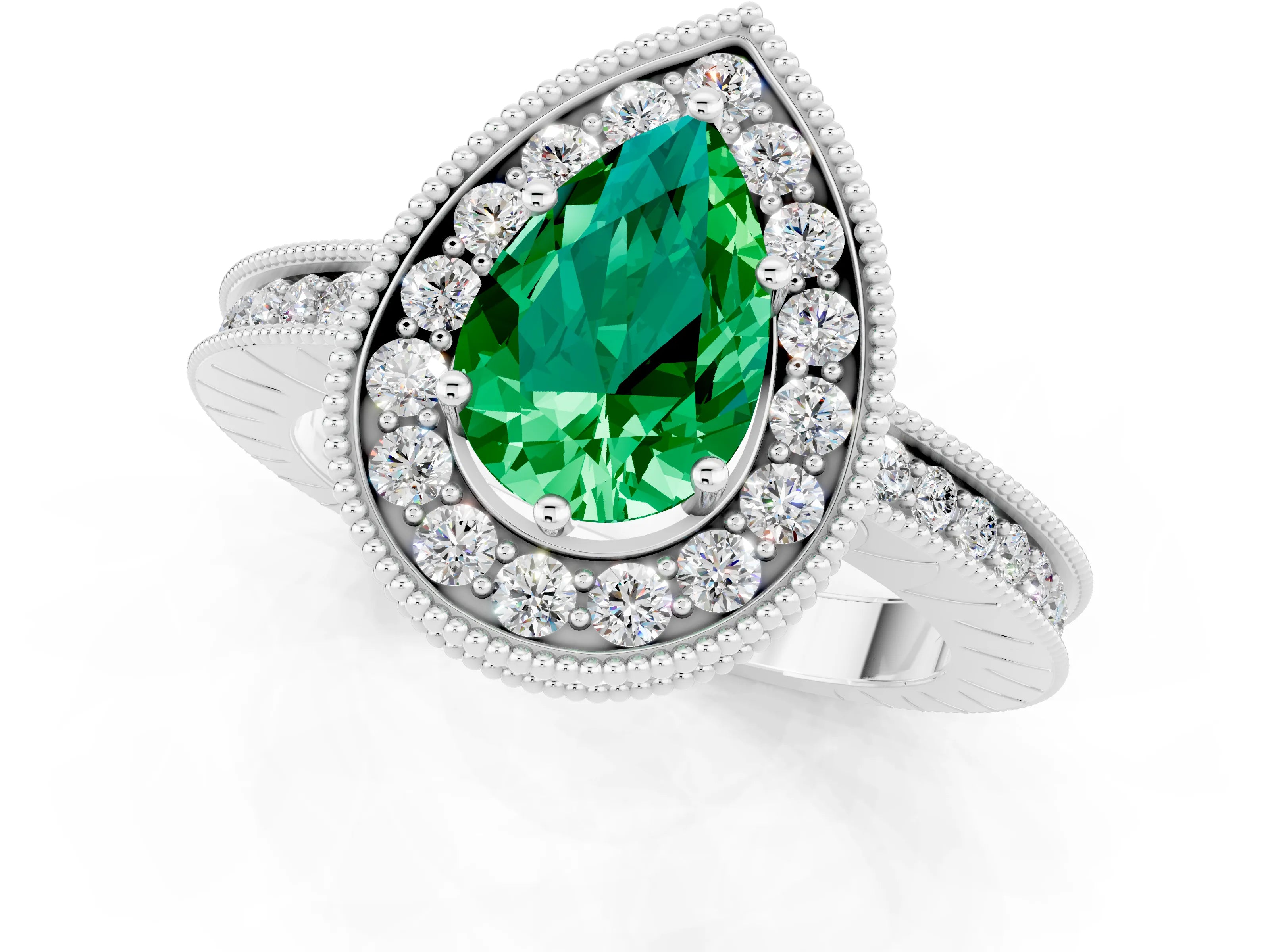 White gold Pear Cut Halo Diamond Engagement Ring with Milgrain Pave Band and Four-Prong Setting_1