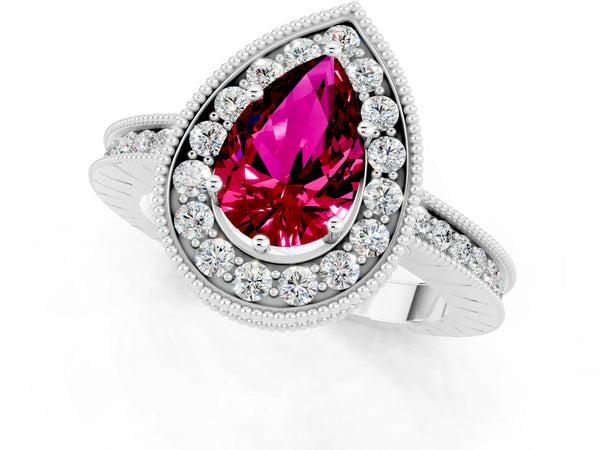 Silver Pear Cut Halo Diamond Engagement Ring with Milgrain Pave Band and Four-Prong Setting
