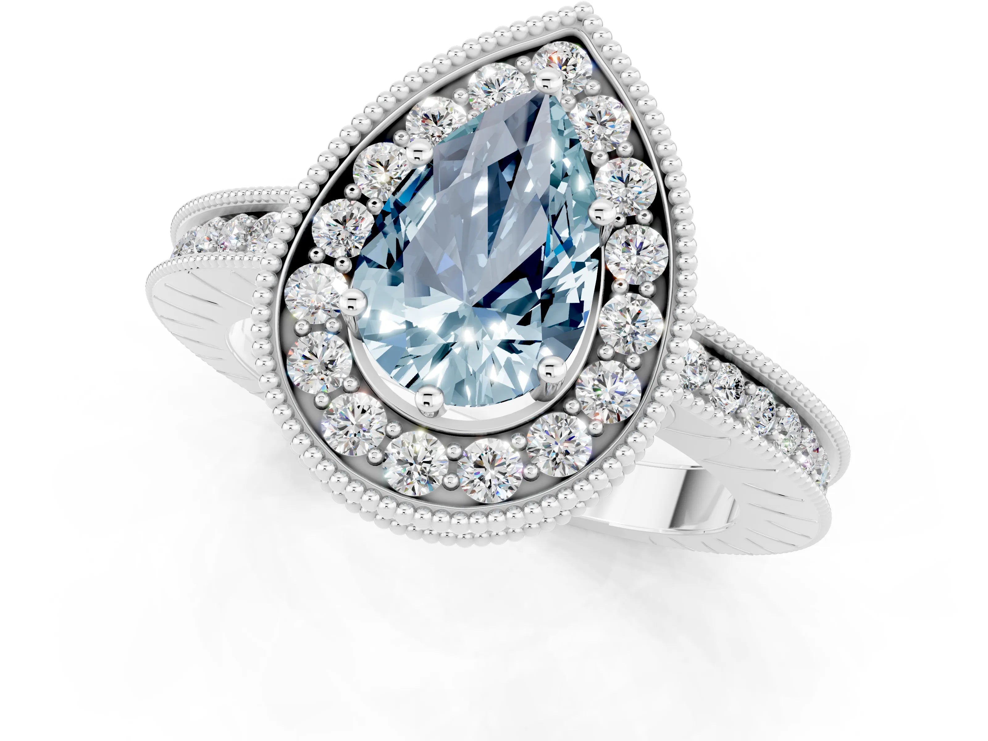 White gold Pear Cut Halo Diamond Engagement Ring with Milgrain Pave Band and Four-Prong Setting_1