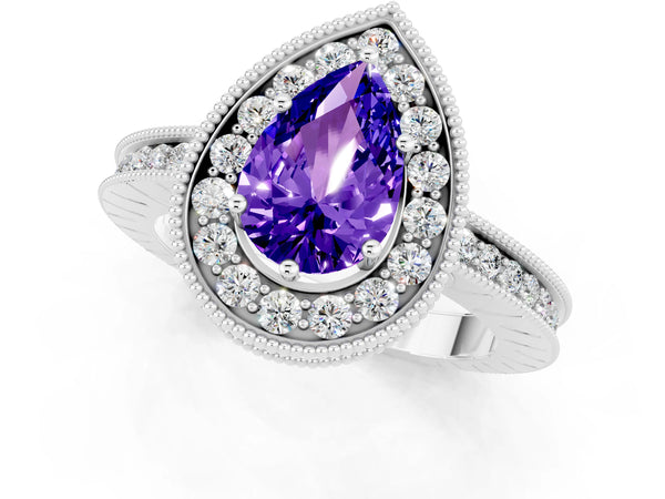 Silver Pear Cut Halo Diamond Engagement Ring with Milgrain Pave Band and Four-Prong Setting