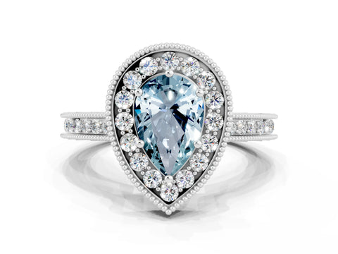 White gold Pear Cut Halo Diamond Engagement Ring with Milgrain Pave Band and Four-Prong Setting