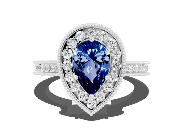 Silver Pear Cut Halo Diamond Engagement Ring with Milgrain Pave Band and Four-Prong Setting