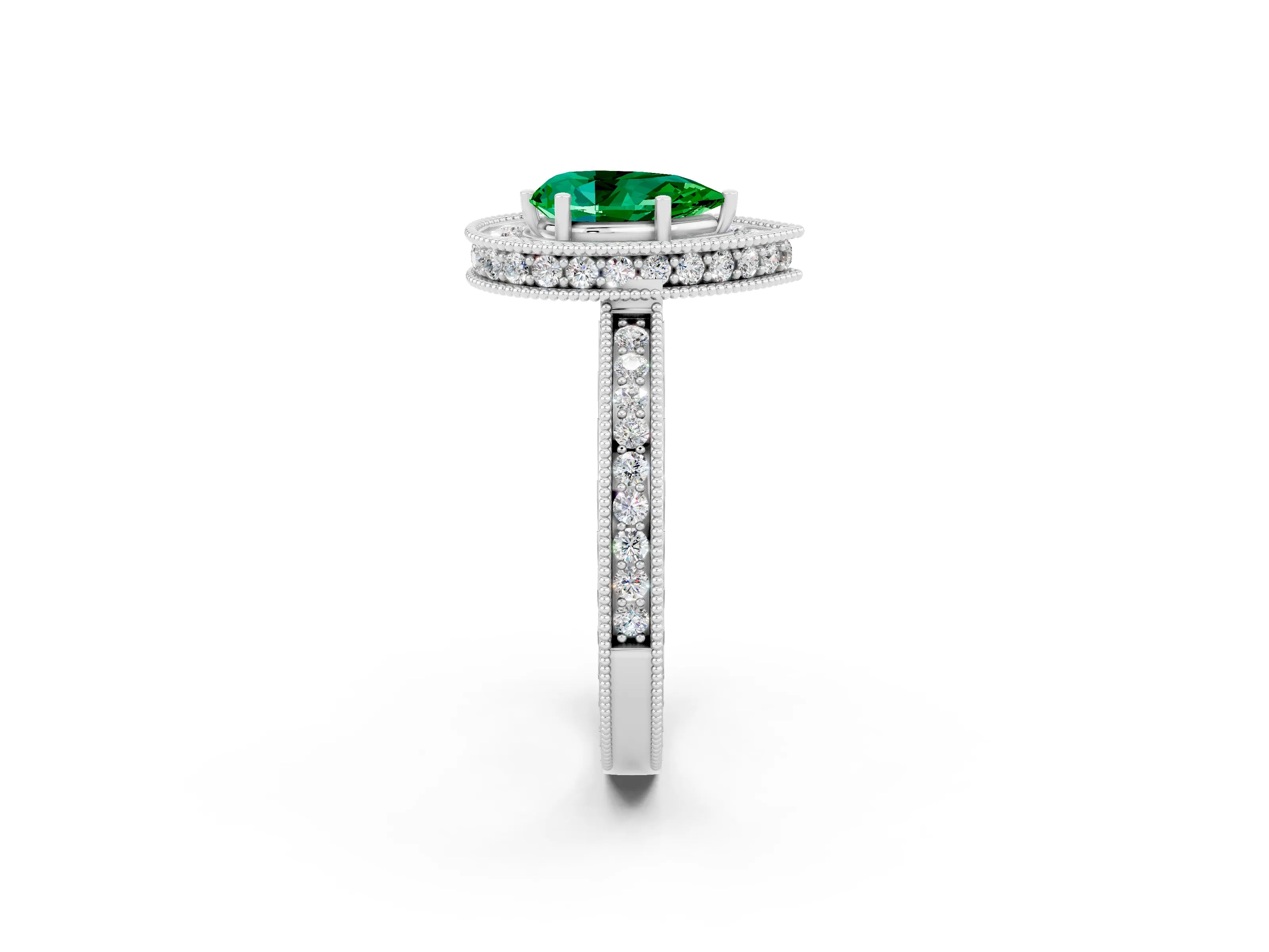 White gold Pear Cut Halo Diamond Engagement Ring with Milgrain Pave Band and Four-Prong Setting_2