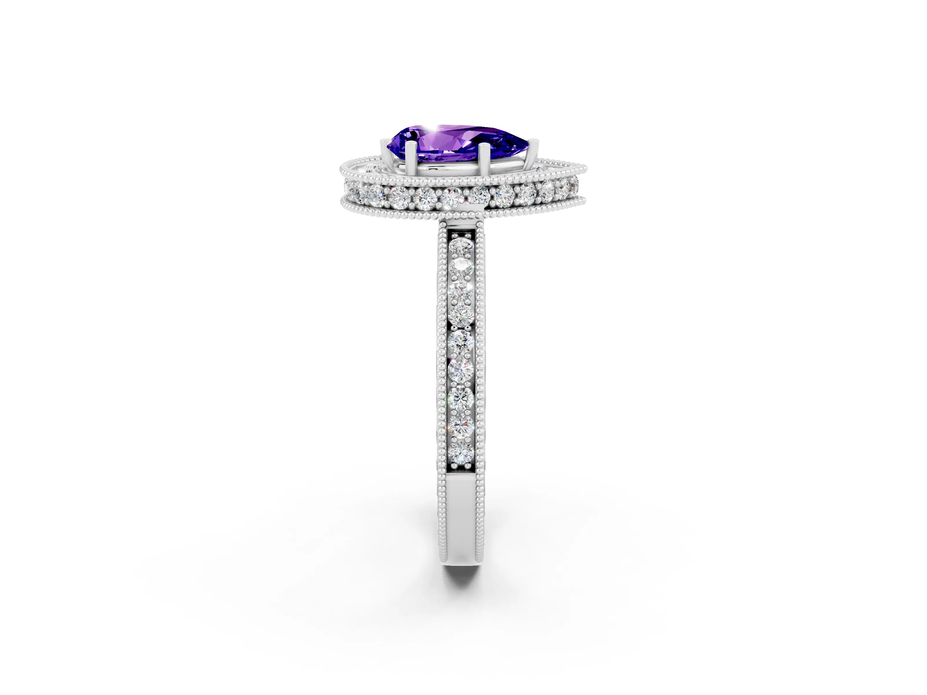 White gold Pear Cut Halo Diamond Engagement Ring with Milgrain Pave Band and Four-Prong Setting_2