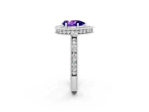 White gold Pear Cut Halo Diamond Engagement Ring with Milgrain Pave Band and Four-Prong Setting_2