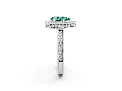 White gold Pear Cut Halo Diamond Engagement Ring with Milgrain Pave Band and Four-Prong Setting_2