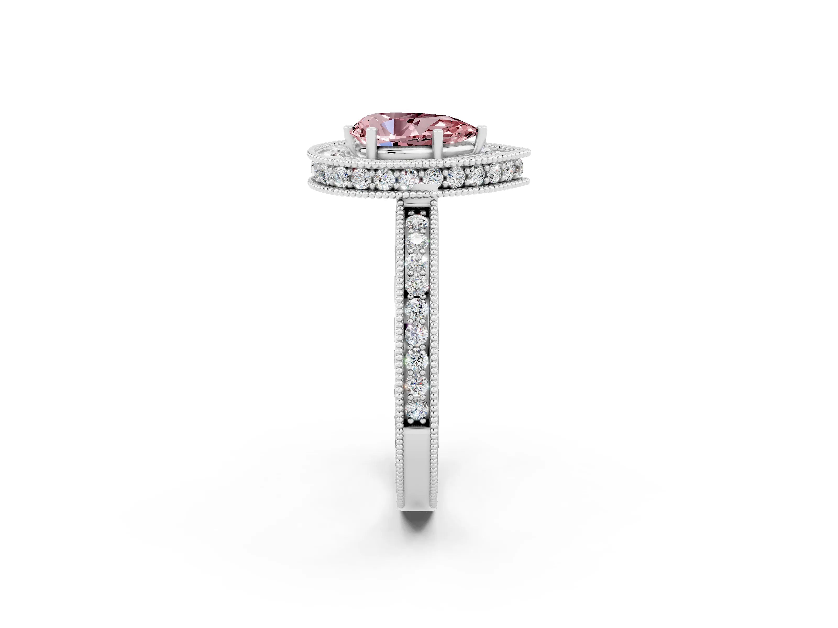 White gold Pear Cut Halo Diamond Engagement Ring with Milgrain Pave Band and Four-Prong Setting_2