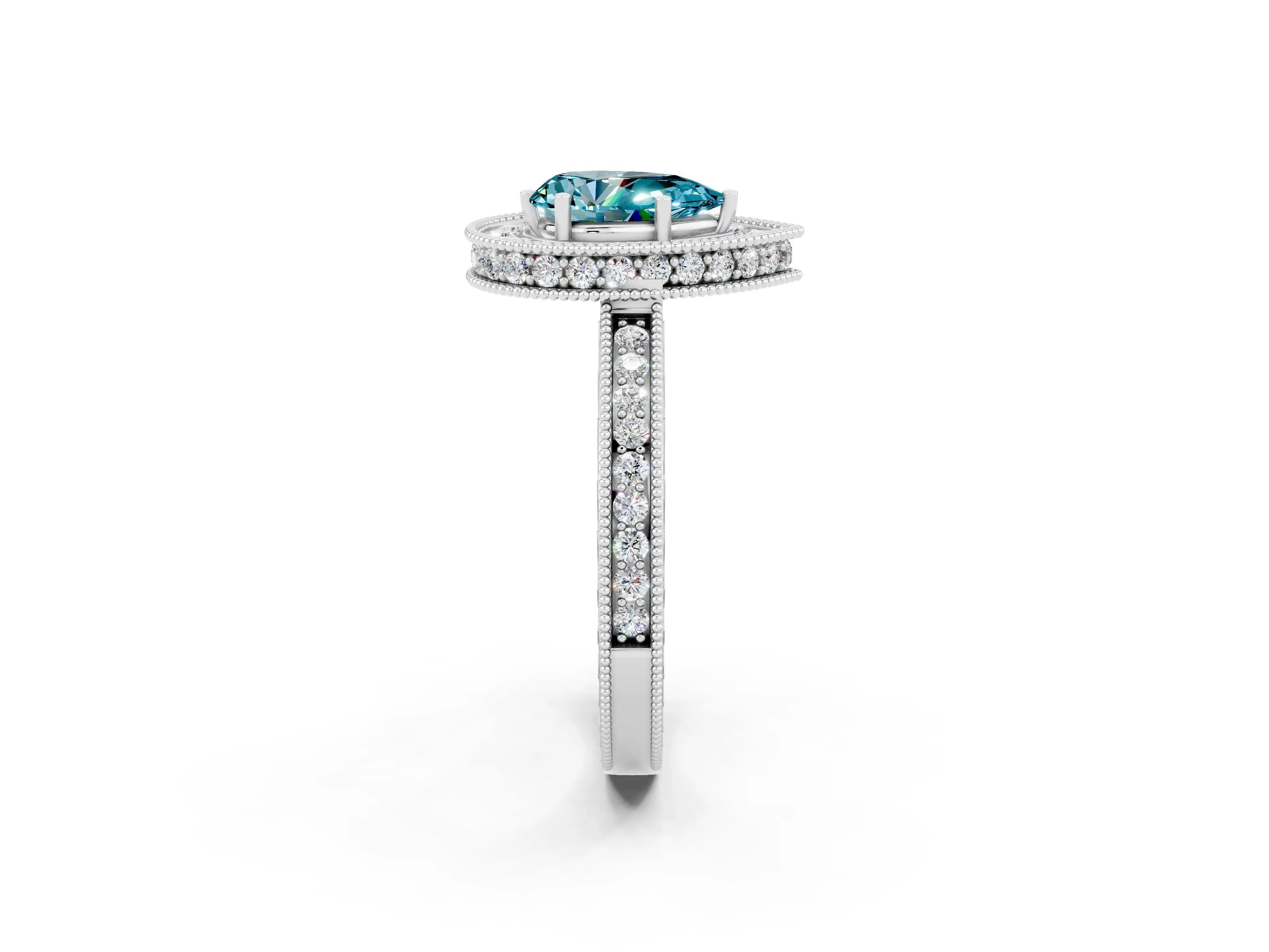 White gold Pear Cut Halo Diamond Engagement Ring with Milgrain Pave Band and Four-Prong Setting_2