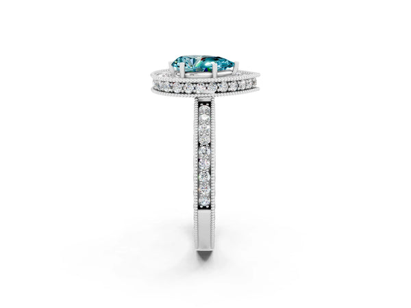 White gold Pear Cut Halo Diamond Engagement Ring with Milgrain Pave Band and Four-Prong Setting