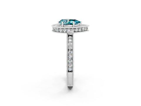 White gold Pear Cut Halo Diamond Engagement Ring with Milgrain Pave Band and Four-Prong Setting_2