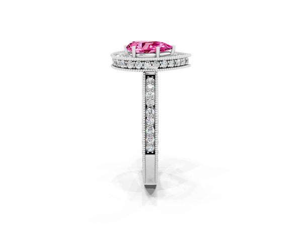 Silver Pear Cut Halo Diamond Engagement Ring with Milgrain Pave Band and Four-Prong Setting