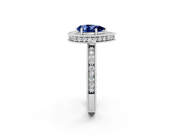 Platinum Pear Cut Halo Diamond Engagement Ring with Milgrain Pave Band and Four-Prong Setting