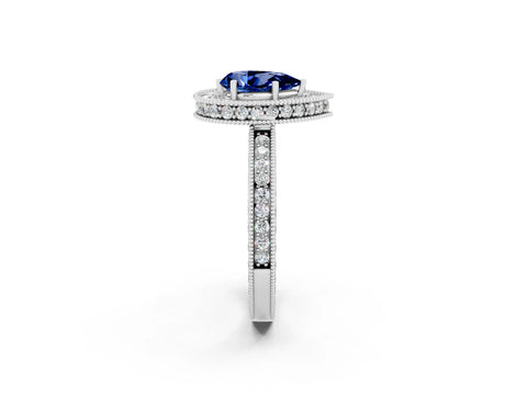 White gold Pear Cut Halo Diamond Engagement Ring with Milgrain Pave Band and Four-Prong Setting_2