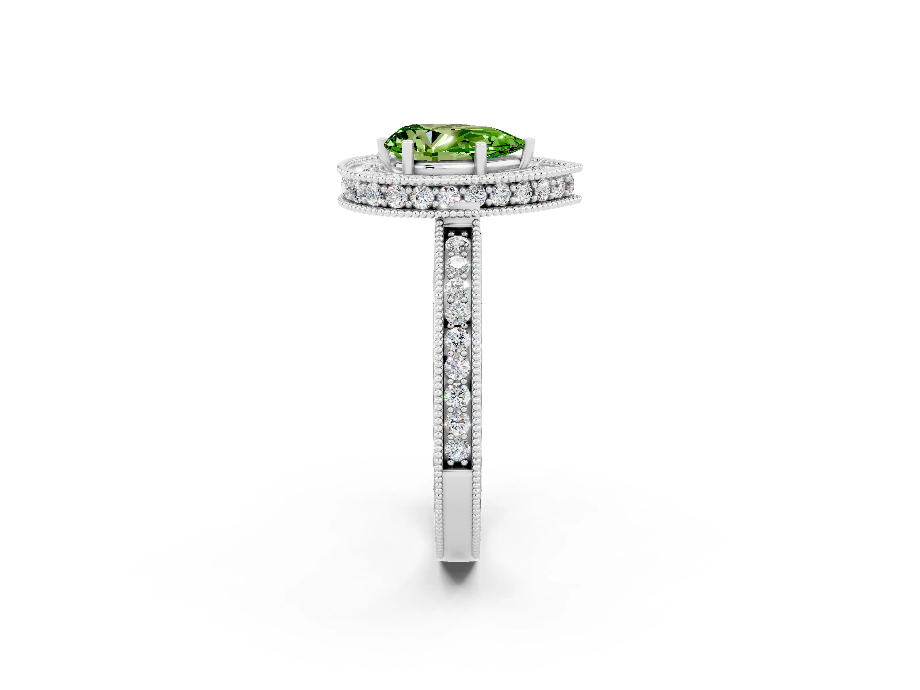 White gold Pear Cut Halo Diamond Engagement Ring with Milgrain Pave Band and Four-Prong Setting_2