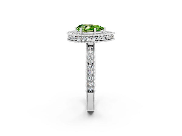 White gold Pear Cut Halo Diamond Engagement Ring with Milgrain Pave Band and Four-Prong Setting