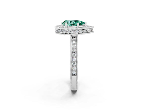White gold Pear Cut Halo Diamond Engagement Ring with Milgrain Pave Band and Four-Prong Setting