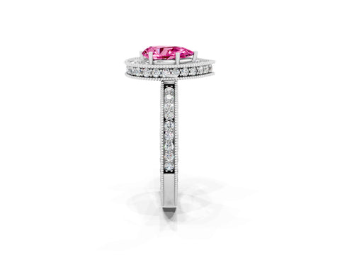 White gold Pear Cut Halo Diamond Engagement Ring with Milgrain Pave Band and Four-Prong Setting_2