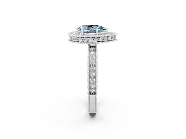 Platinum Pear Cut Halo Diamond Engagement Ring with Milgrain Pave Band and Four-Prong Setting