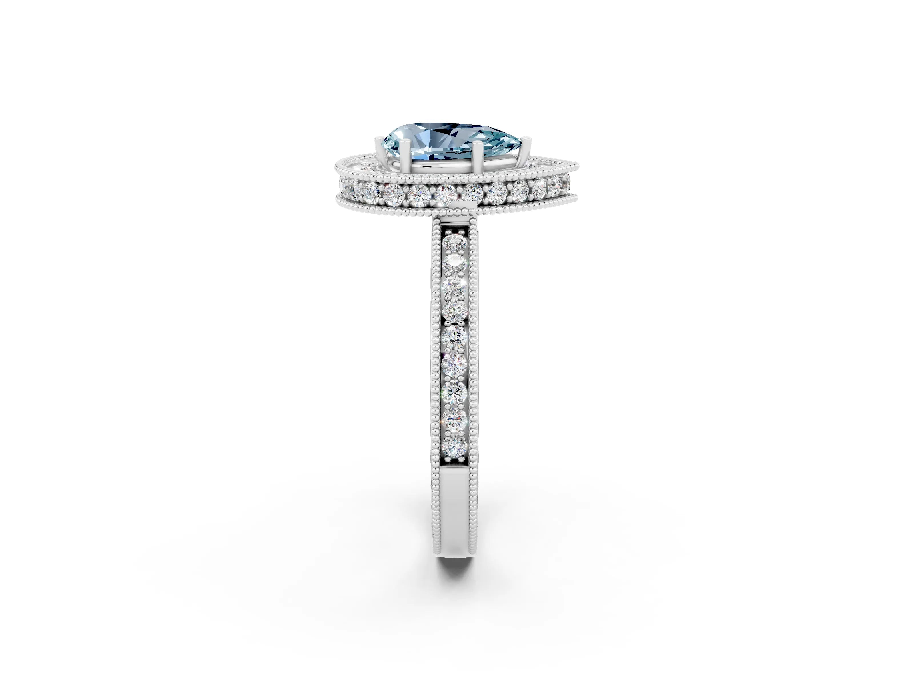 White gold Pear Cut Halo Diamond Engagement Ring with Milgrain Pave Band and Four-Prong Setting_2