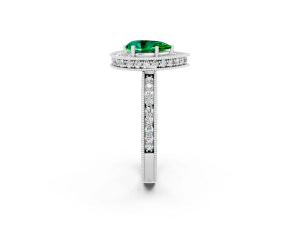 White gold Pear Cut Halo Diamond Engagement Ring with Milgrain Pave Band and Four-Prong Setting