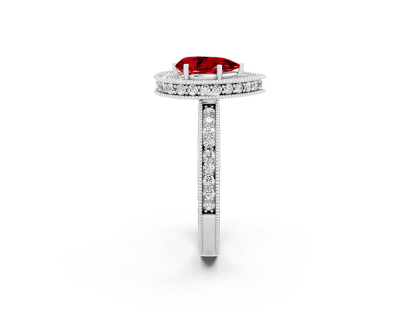 White gold Pear Cut Halo Diamond Engagement Ring with Milgrain Pave Band and Four-Prong Setting