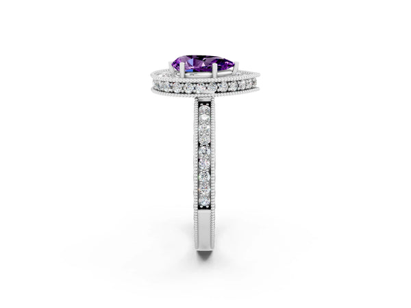 Silver Pear Cut Amethyst Milgrain Halo Engagement Ring with Round Pavé Band and Prong Setting
