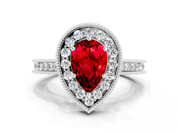 Silver Pear Cut Halo Diamond Engagement Ring with Milgrain Pave Band and Four-Prong Setting