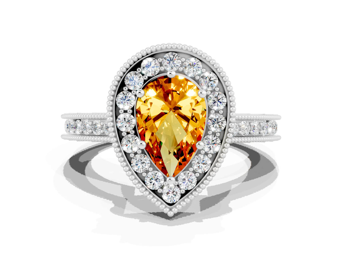 White gold Pear Cut Halo Diamond Engagement Ring with Milgrain Pave Band and Four-Prong Setting