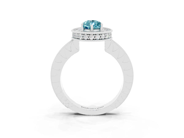 Silver Pear Cut Halo Diamond Engagement Ring with Milgrain Pave Band and Four-Prong Setting