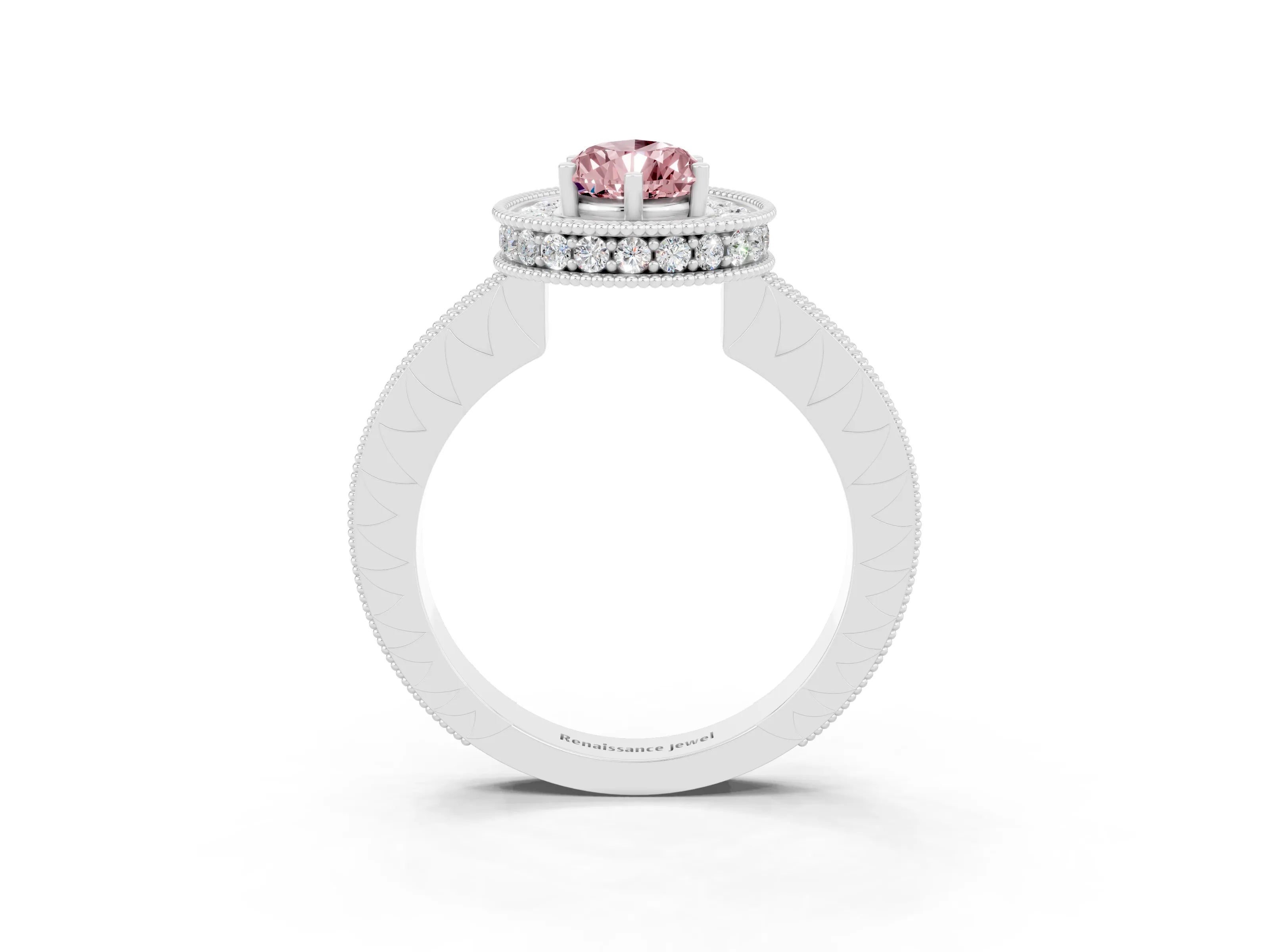 White gold Pear Cut Halo Diamond Engagement Ring with Milgrain Pave Band and Four-Prong Setting_3