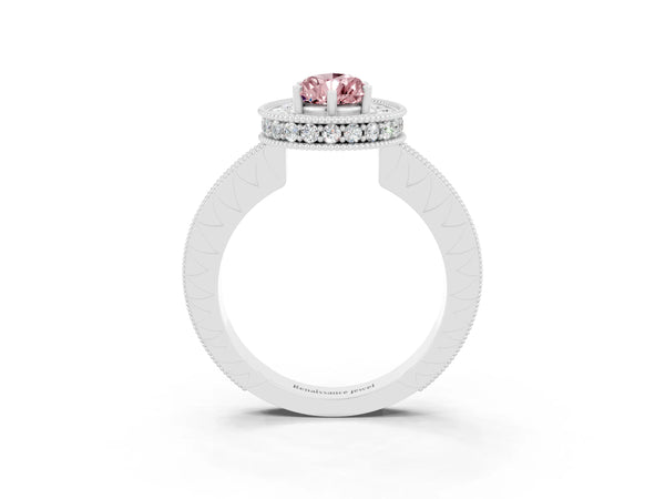 White gold Pear Cut Halo Diamond Engagement Ring with Milgrain Pave Band and Four-Prong Setting