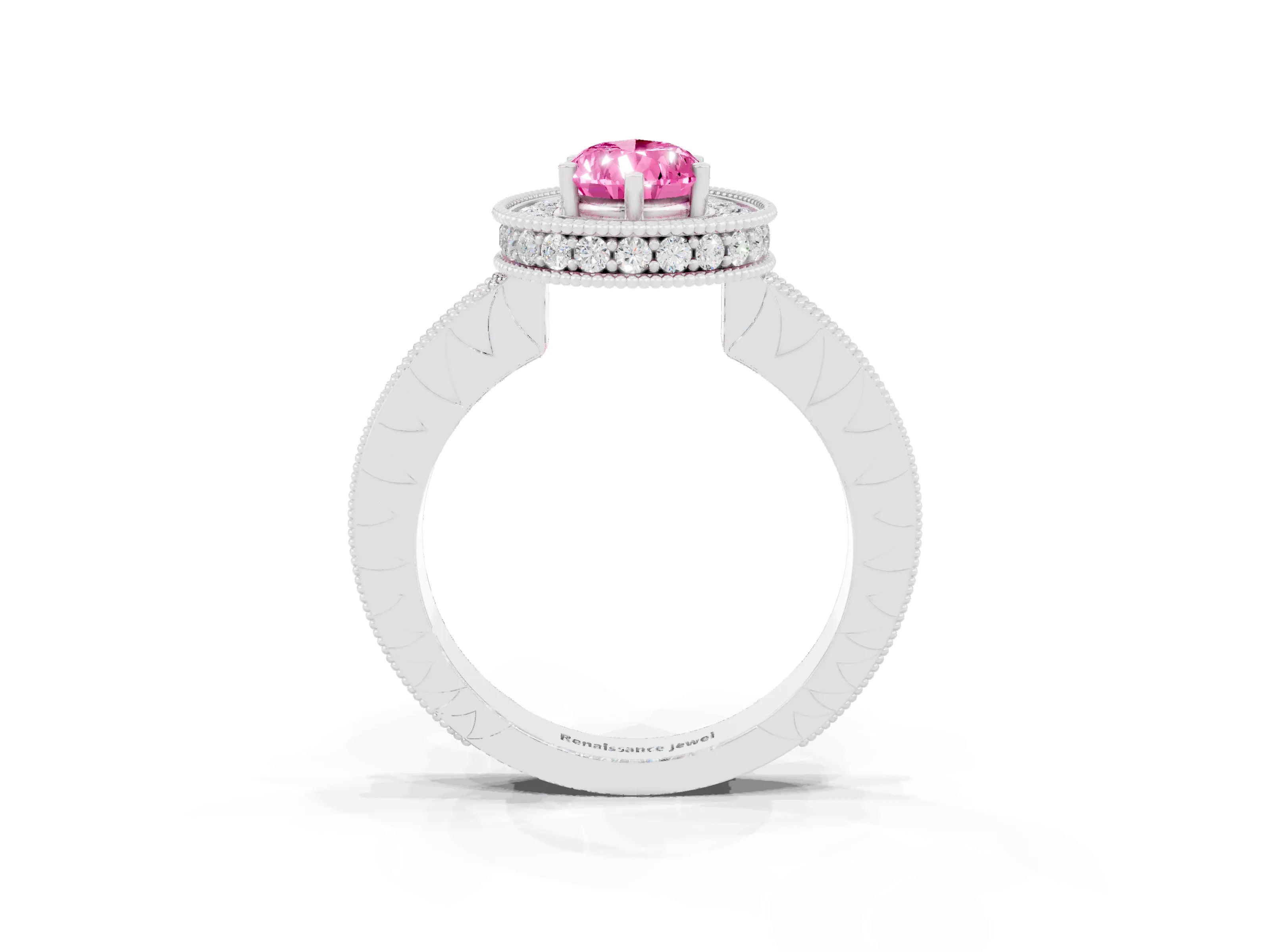 White gold Pear Cut Halo Diamond Engagement Ring with Milgrain Pave Band and Four-Prong Setting_3