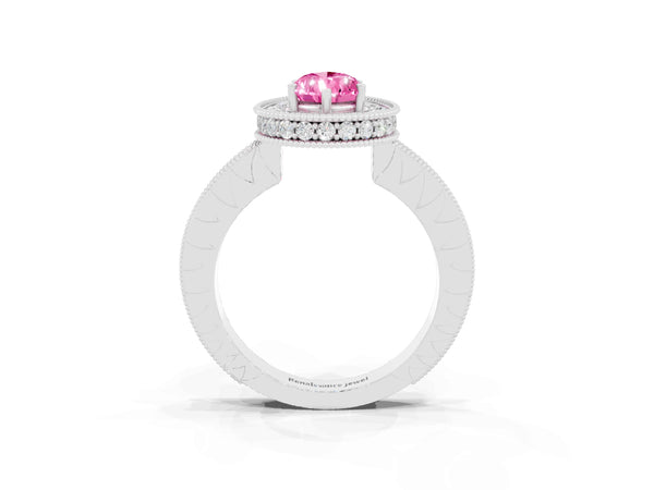 White gold Pear Cut Halo Diamond Engagement Ring with Milgrain Pave Band and Four-Prong Setting
